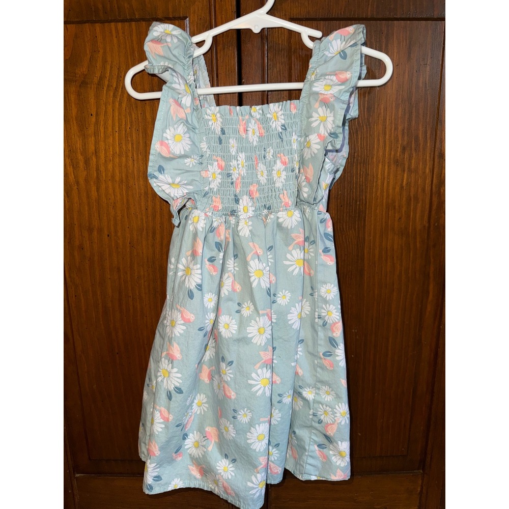 Girls Blue Daisy Bird Floral Smocked Flutter Sleeve Cotton Dress 3T